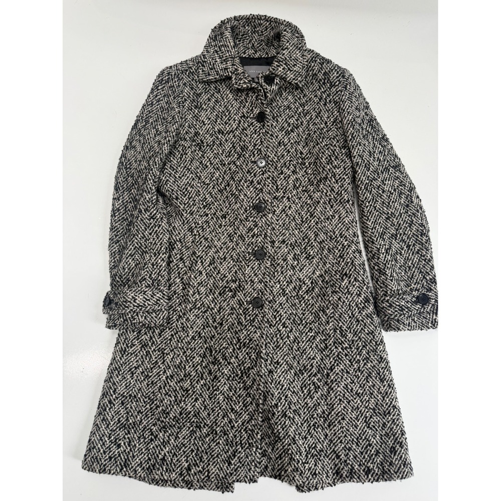 Ann Taylor Womens Black White Herringbone Wool Blend Button Front Coat Size 10